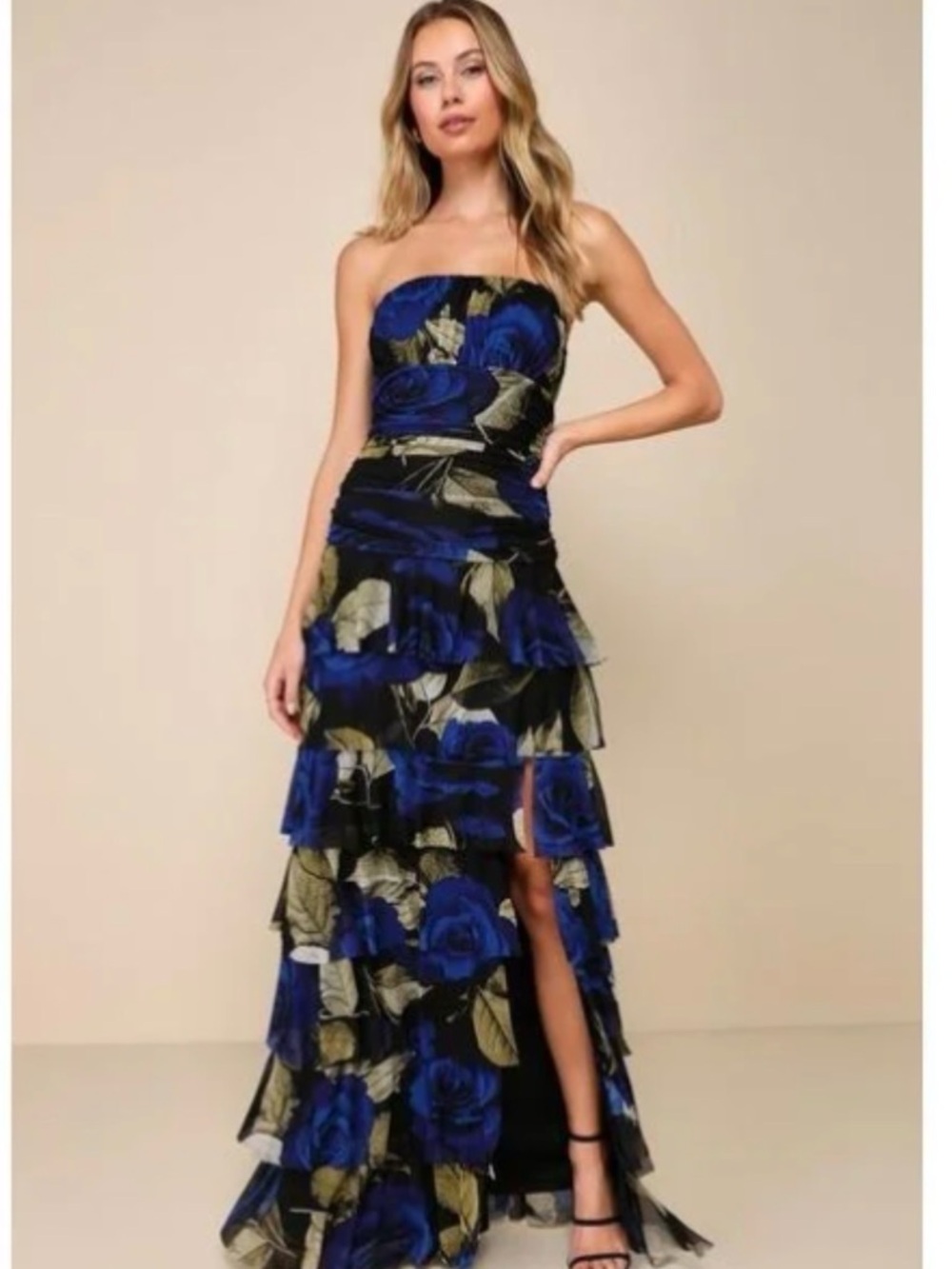 Lulu's Strapless Royal Blue & Olive Floral Tiered Maxi Dress